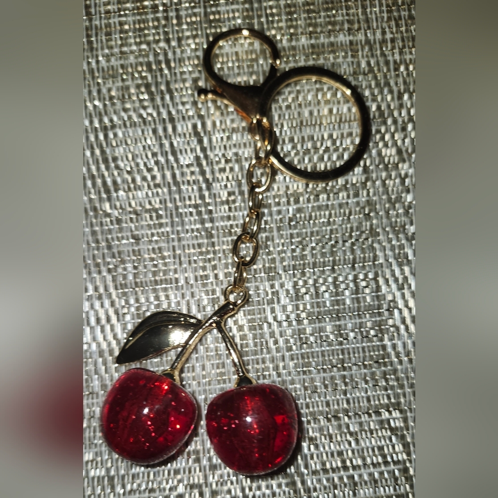 Cherry Keychain with Gold Accents